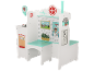 Wooden kids' doctor role-play set with a desk and eye exam chart.