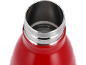 Open red stainless steel thermos bottle, shot from above.
