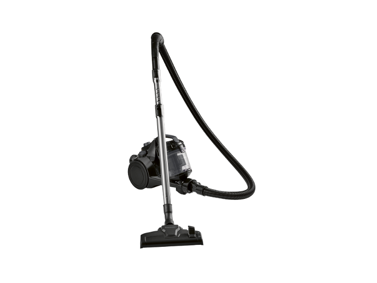 Black vacuum cleaner with a transparent dust container and a metal telescopic tube