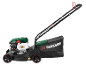 Green and black petrol lawnmower with a grass collection bag.
