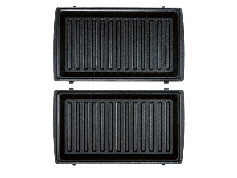 Open sandwich maker with two non-stick grill plates on a black background.