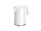 White electric kettle with a hexagonal pattern and a metallic base.