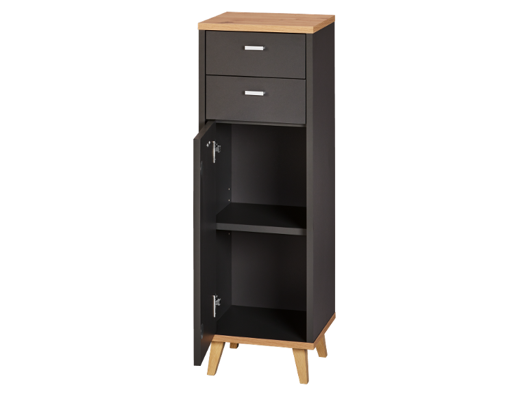 Side cabinet with two drawers and one door, dark grey and light wood finish.