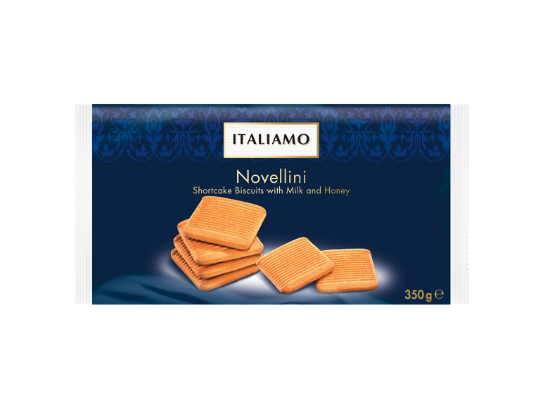 Shortcake biscuits with milk and honey in a blue package with a decorative pattern.