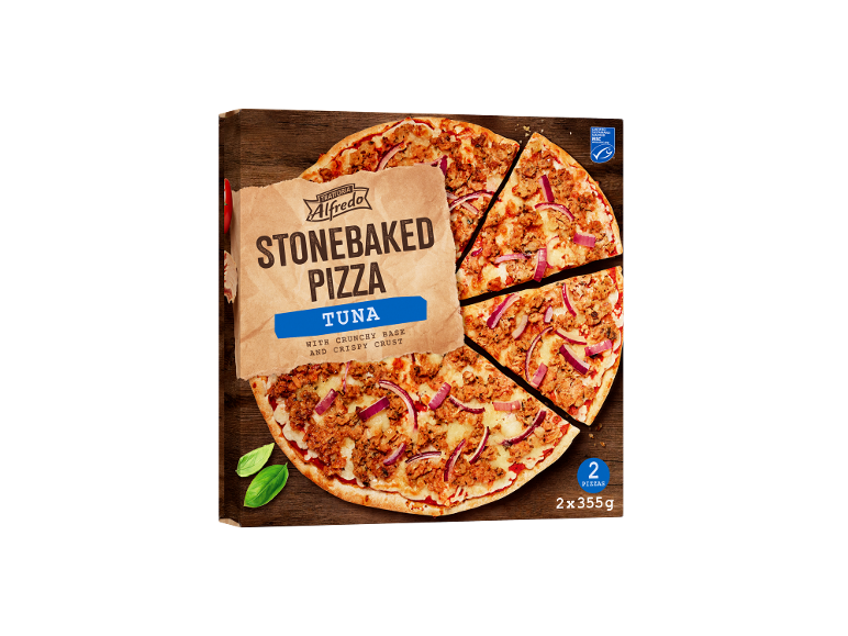 Stonebaked tuna pizza with a crunchy base and crispy crust, 2x355g.