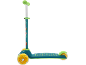 Green and blue children's scooter with yellow wheels and colorful animal decals.