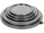 Set of five black round silicone food storage lids, stacked on top of each other.