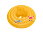 Yellow baby swim ring with a seat, featuring a crab and the text 'Swim Safe abc'.
