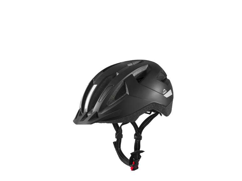 Black bicycle helmet with white reflectors and a red buckle.