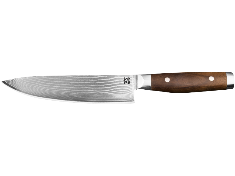 Kitchen knife with wavy pattern blade and brown wooden handle