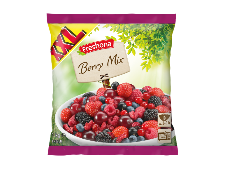 Frozen berry mix packaging, featuring 'Berry Mix' text and an 'XXL' mark.