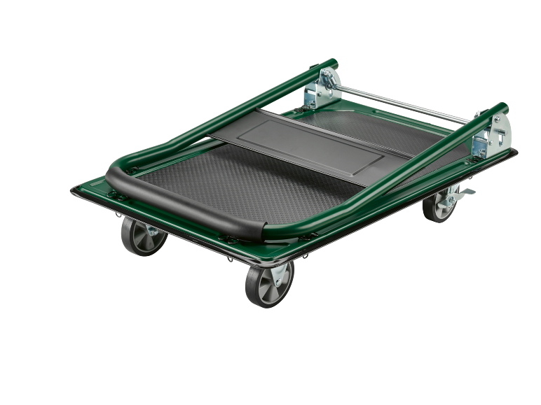 Green foldable platform trolley with a black non-slip surface.