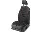 Black car seat cushion with red piping on a car seat.