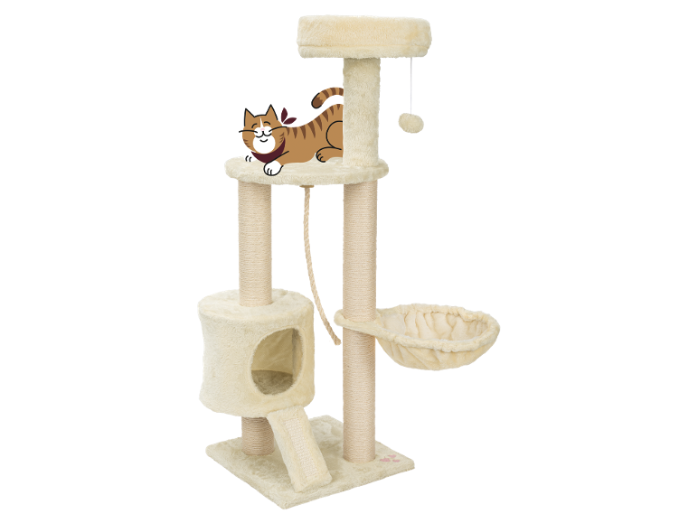 Beige cat tree with a tabby cat, multiple levels, scratching posts, and a hammock.