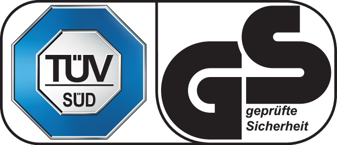 TÜV SÜD and GS geprüfte Sicherheit seal.