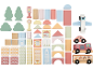 Wooden building block set with vehicles, buildings, and landscape elements in pastel colors.