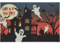 Halloween decoration with a haunted house, ghosts, and the text 'COME IN IF YOU DARE!'