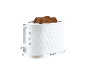 White toaster with a hexagonal pattern and two slices of toast.