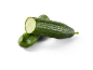 Two fresh green cucumbers with water droplets, one cut in half, on a white background.