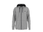 Grey zip-up hoodie with a black logo on the chest.