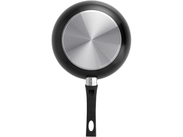 Bottom view of a black frying pan with a silver, circular base and black handle.