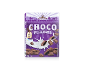 Box of chocolate-filled cereal pillows with milk splashes.