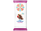 Milk chocolate with raspberry flavoured filling, packaging with folk pattern and Fairtrade logo.
