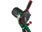Electric chainsaw sharpener with a red handle and a clear protective guard.