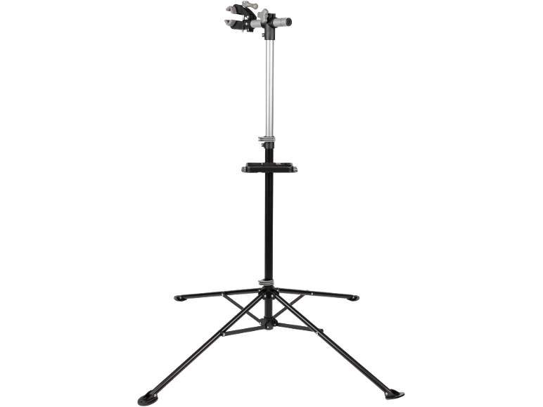 Bicycle repair stand with adjustable clamp and tool tray.