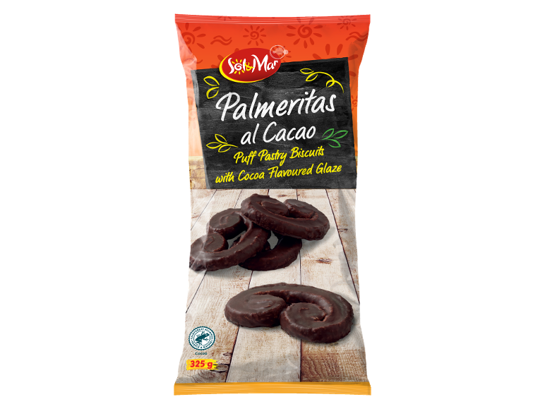 Puff pastry biscuits with cocoa flavored glaze in a 325g package.