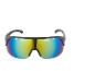 Sports sunglasses with a grey frame and rainbow mirrored lenses.