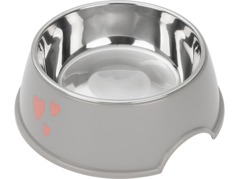 Grey pet bowl with a stainless steel insert and pink hearts.