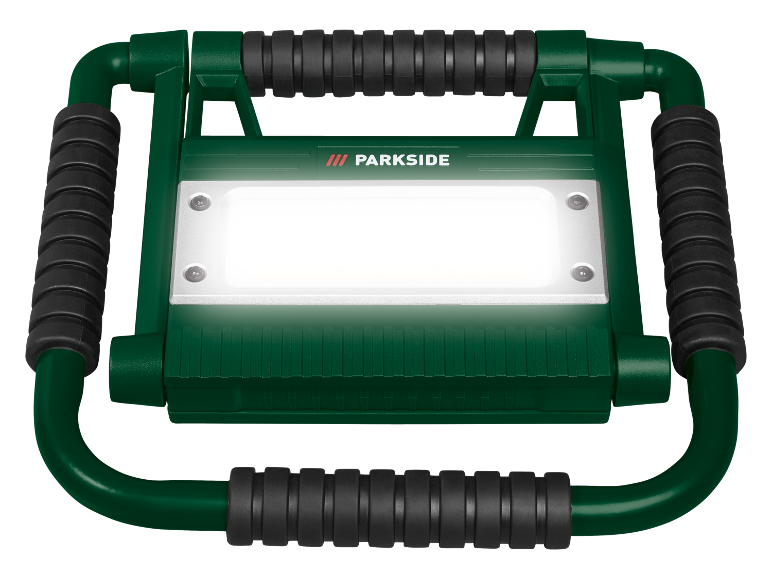 Green LED work light with black handles and bright white light.