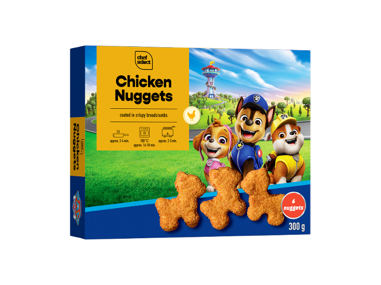 Chicken nuggets in the shape of Paw Patrol characters, with cooking instructions.
