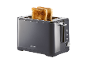 Dark toaster with two slices of toasted bread and controls