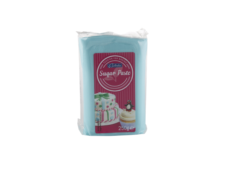 Light blue sugar paste for baking, 250g, with cake and cupcake decoration examples.