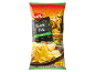 Bag of potato chips flavored with sea salt and olive oil, with a rustic street in the background.
