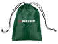 Green drawstring bag with a white logo and red stripes on a black background