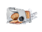 Electric bread slicer with a loaf of bread and sliced bread on a tray.