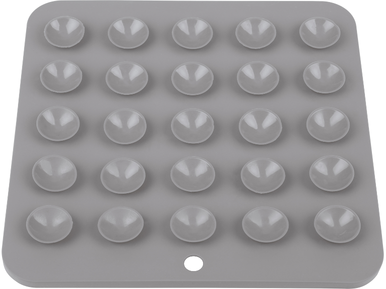 Grey silicone mat with 25 suction cups for non-slip grip.