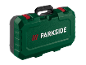 Green tool case with red latches and a black handle.