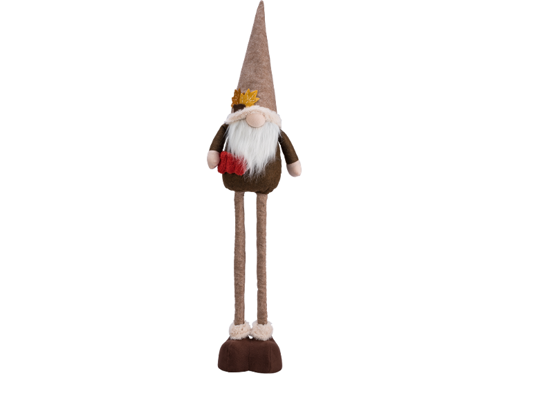 Autumn gnome decoration with a tall brown hat, white beard, and red scarf.