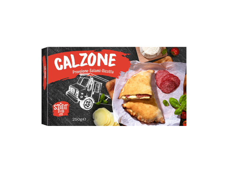 Calzone box with provolone, salami, and ricotta, featuring a food truck illustration and calzones.