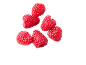 Seven bright red raspberries floating on a black background.