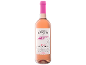 Bottle of rosé wine with a white label and a bright pink cap.