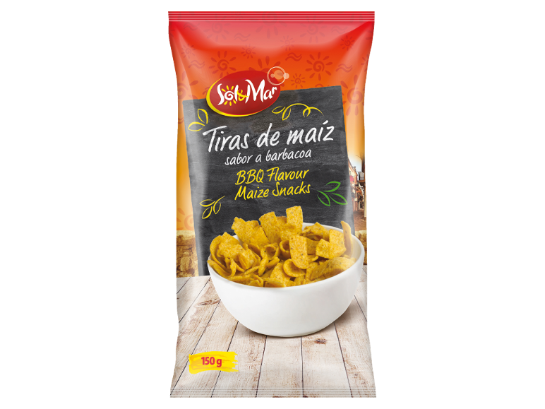 Packet of BBQ flavour maize snacks, with the text 'Tiras de maíz sabor a barbacoa BBQ Flavour Maize Snacks 150 g'.
