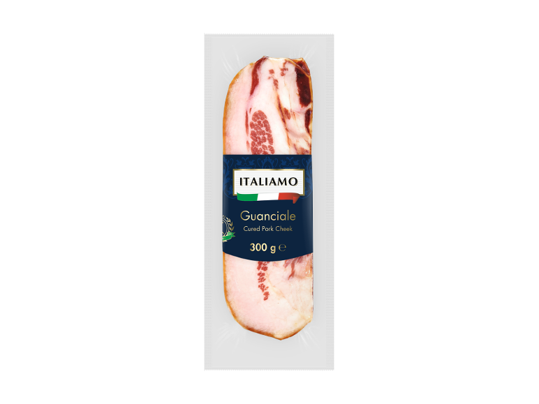 Vacuum-packed guanciale (cured pork cheek) with a blue label that reads 'Guanciale Cured Pork Cheek 300 g e'.