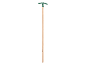 Hoe with a wooden handle and a green head with two prongs