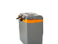 Grey and orange electric portable cooler with power plugs.