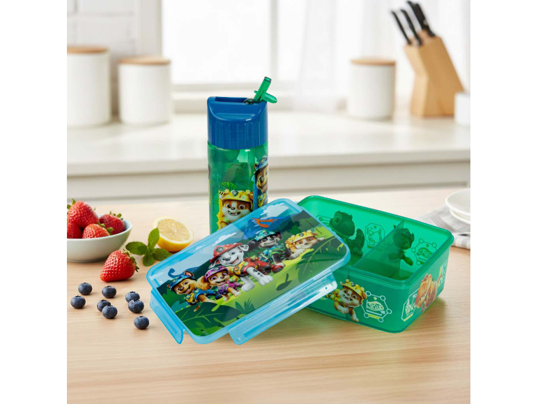 Kids' lunch box and water bottle with puppy design, berries, and lemon.